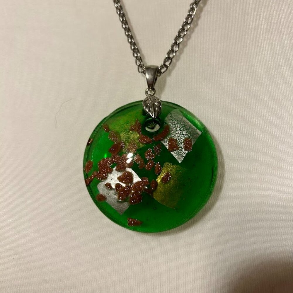 Art Green Glass Silver Necklace Pendant Unique Design
